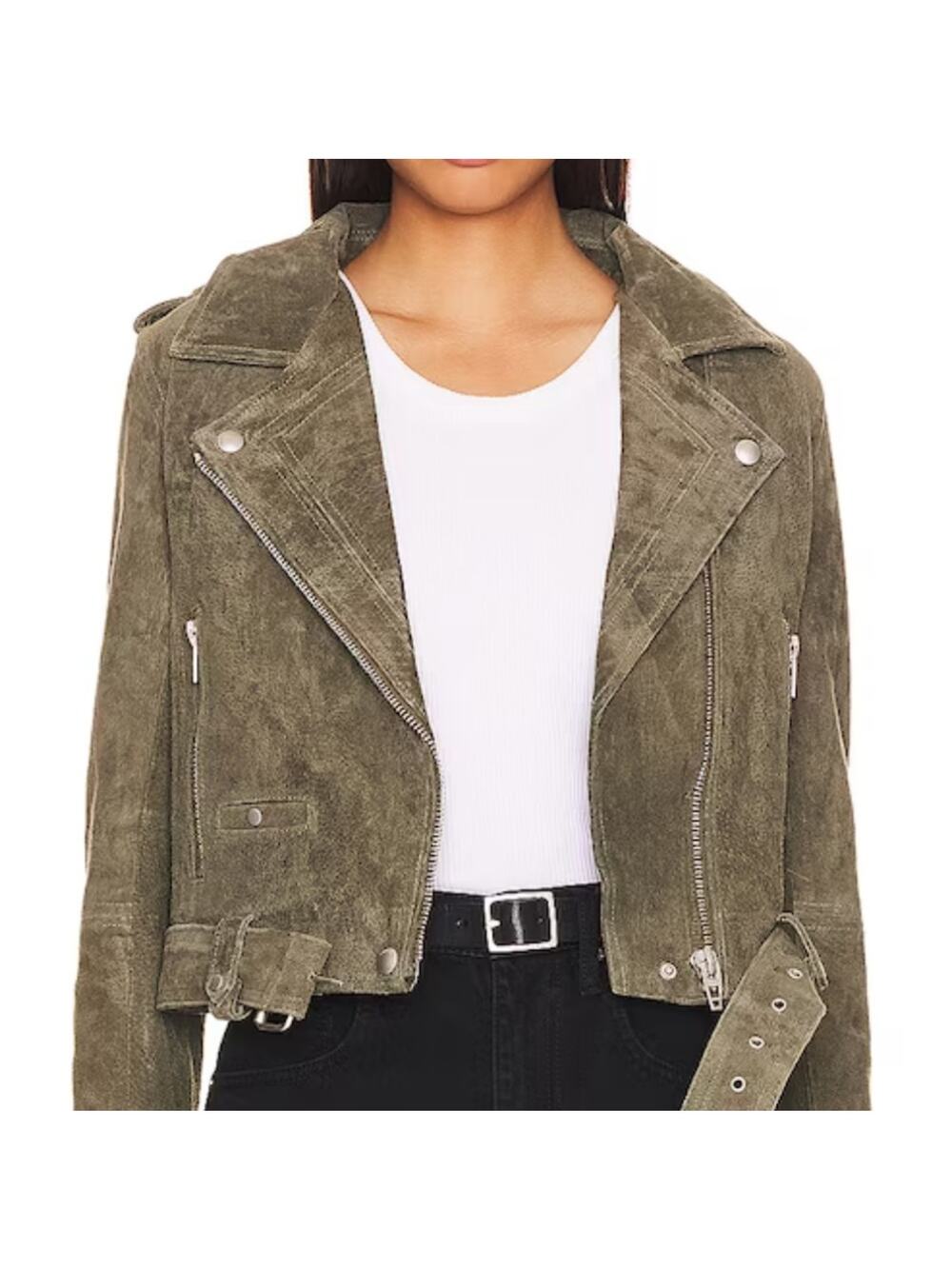 BlankNYC XSmall Olive Green Suede Moto Jacket Real Leather Belted Zippers